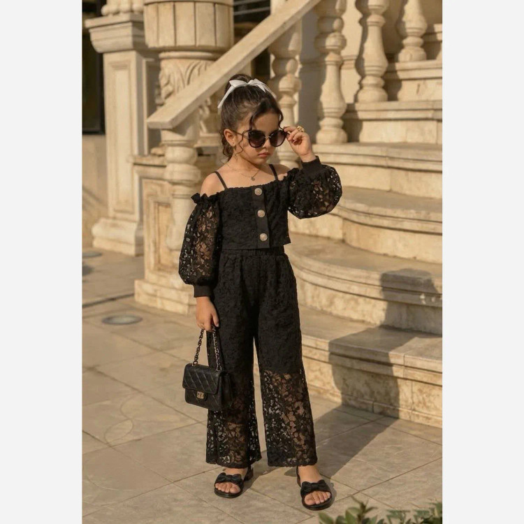 ست شومیز و شلوار دانتل دخترانه مناسب 2 تا 8 سال، سایزبندی 40 تا 60