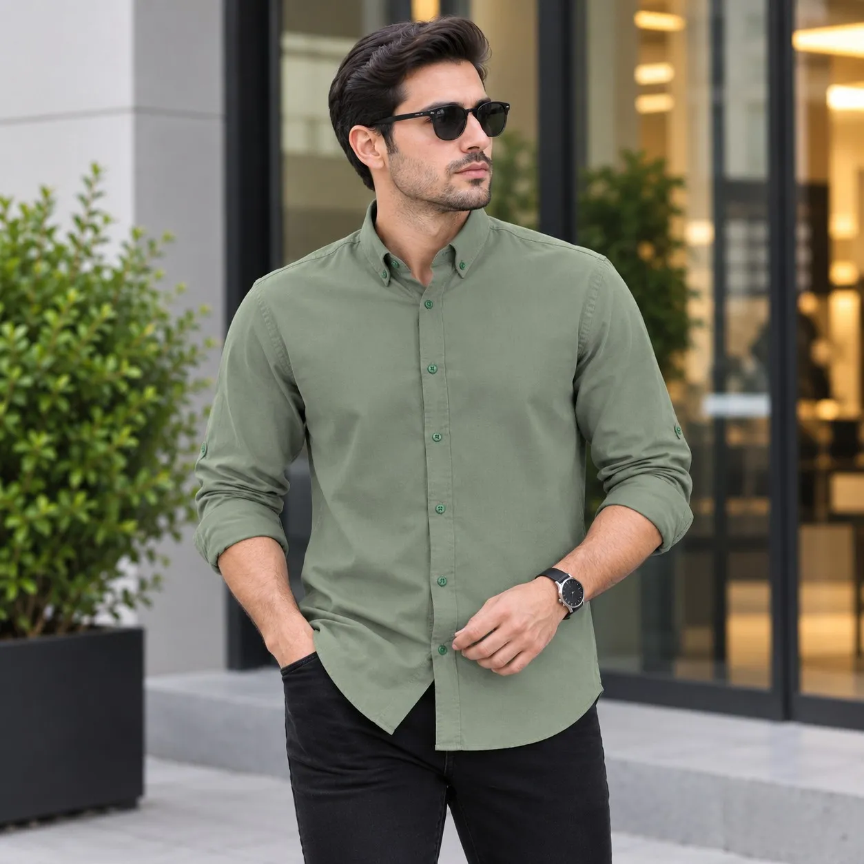 پیراهن جین کاغذی مردانه آستین بلند اسپرت رنگ آبی