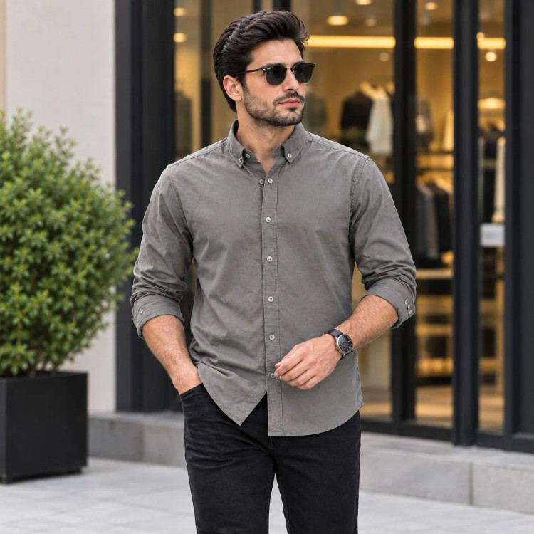 پیراهن جین کاغذی مردانه آستین بلند اسپرت رنگ آبی