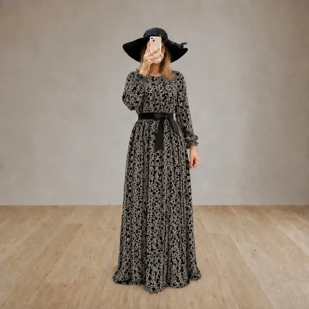 پیراهن بلند زنانه الیزه طرحدار فری سایز قواره آزاد کمربنددار