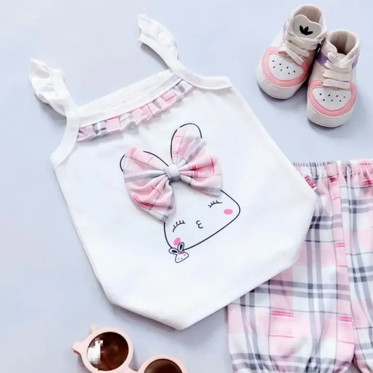 تاپ شورت نوزادی دخترانه طرح خرگوش چهارخونه صورتی جنس پنبه ای